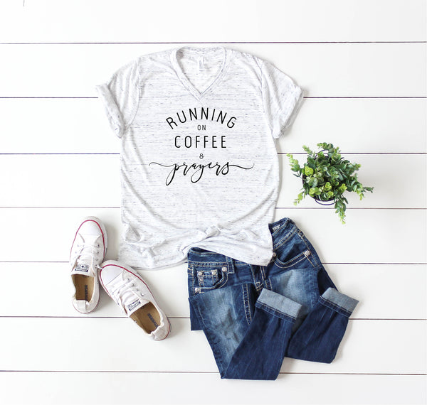 Running on Coffee and Prayers, Coffee Shirt, Christian Shirt, Faith, Jesus - TheLifeTeeCo